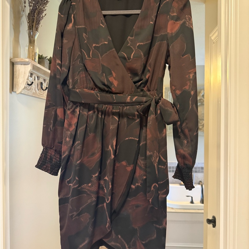 Allison Joy Brown and Orange Wrap Dress with Bishop Sleeves